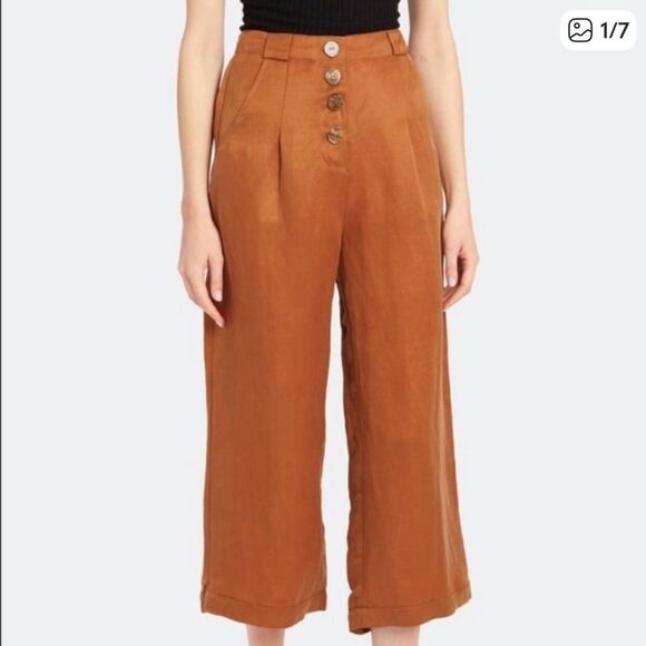 Sancia Isabel High Rise Linen Blend Wide Leg Crop Pant Brown - Picture 1 of 9